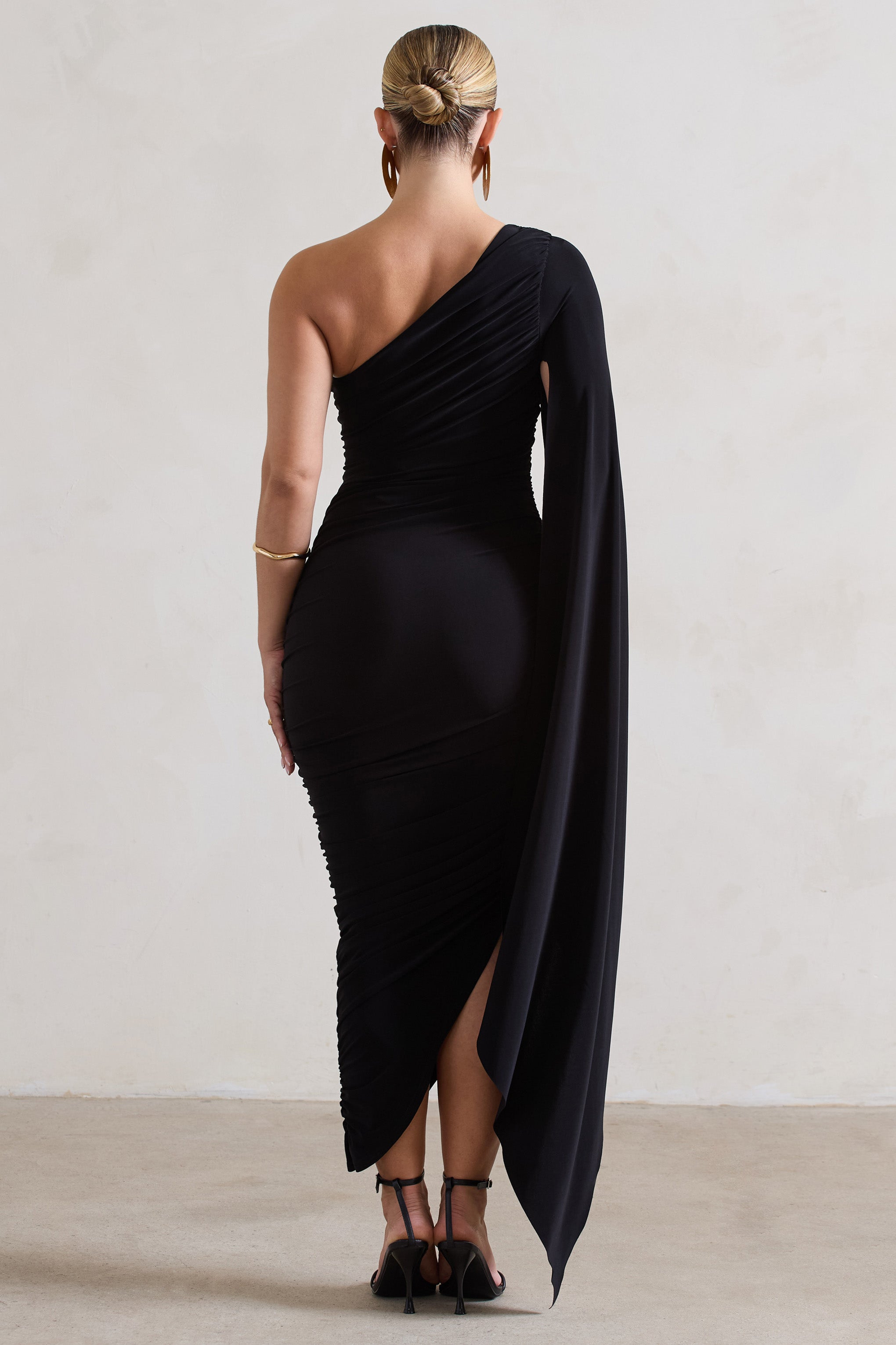 Halsey Black Ruched Asymmetric Midi Dress With Cape Sleeve-Fashionmomo.All Rights Reserved