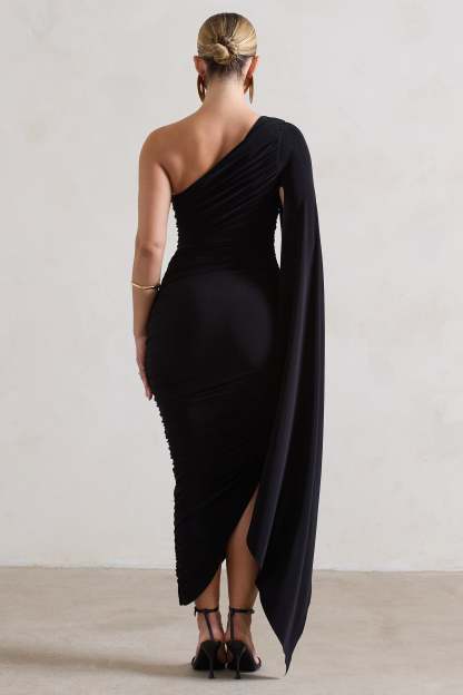 Halsey Black Ruched Asymmetric Midi Dress With Cape Sleeve-Fashionmomo.All Rights Reserved