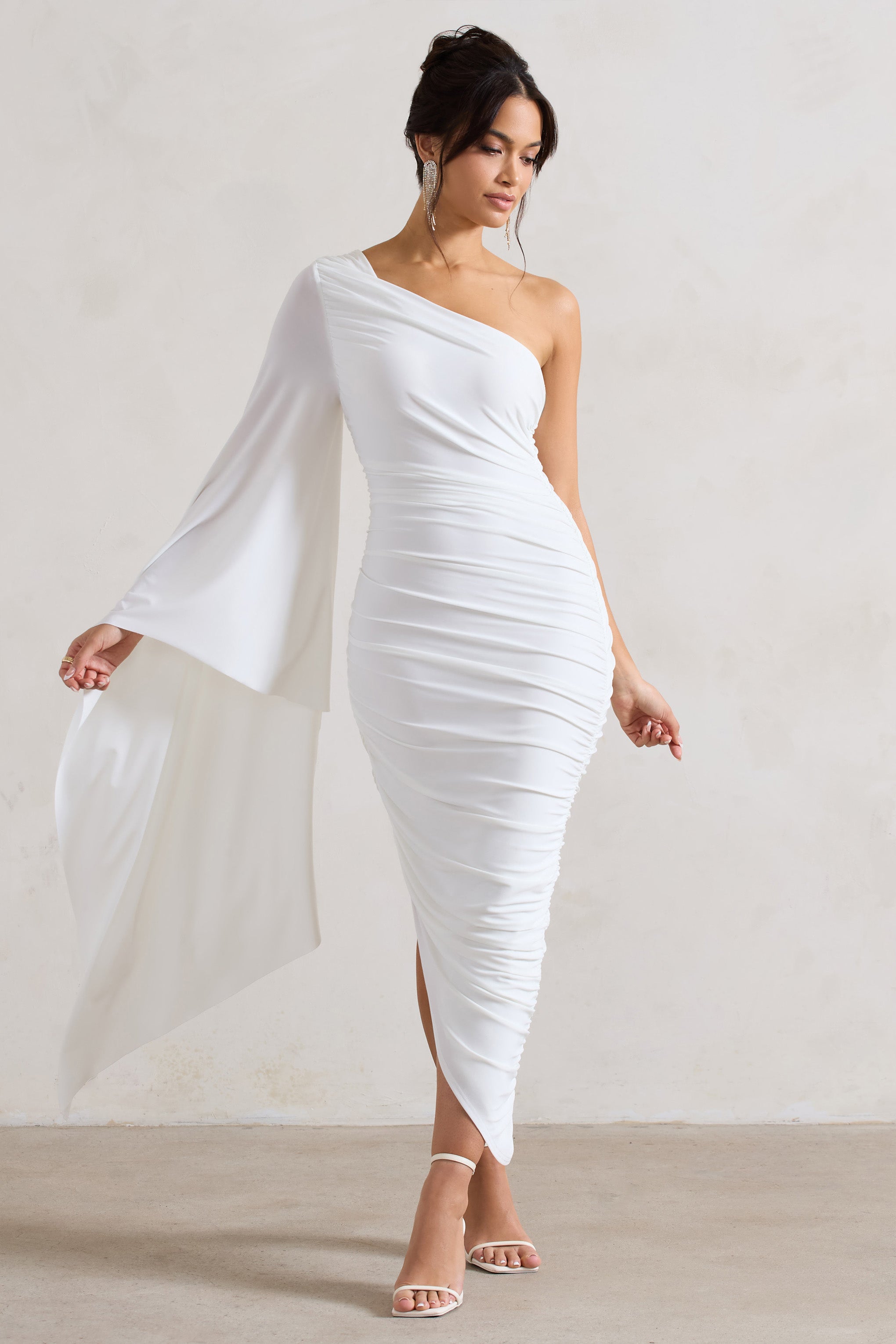 Halsey White Ruched Asymmetric Midi Dress With Cape Sleeve-Fashionmomo.All Rights Reserved