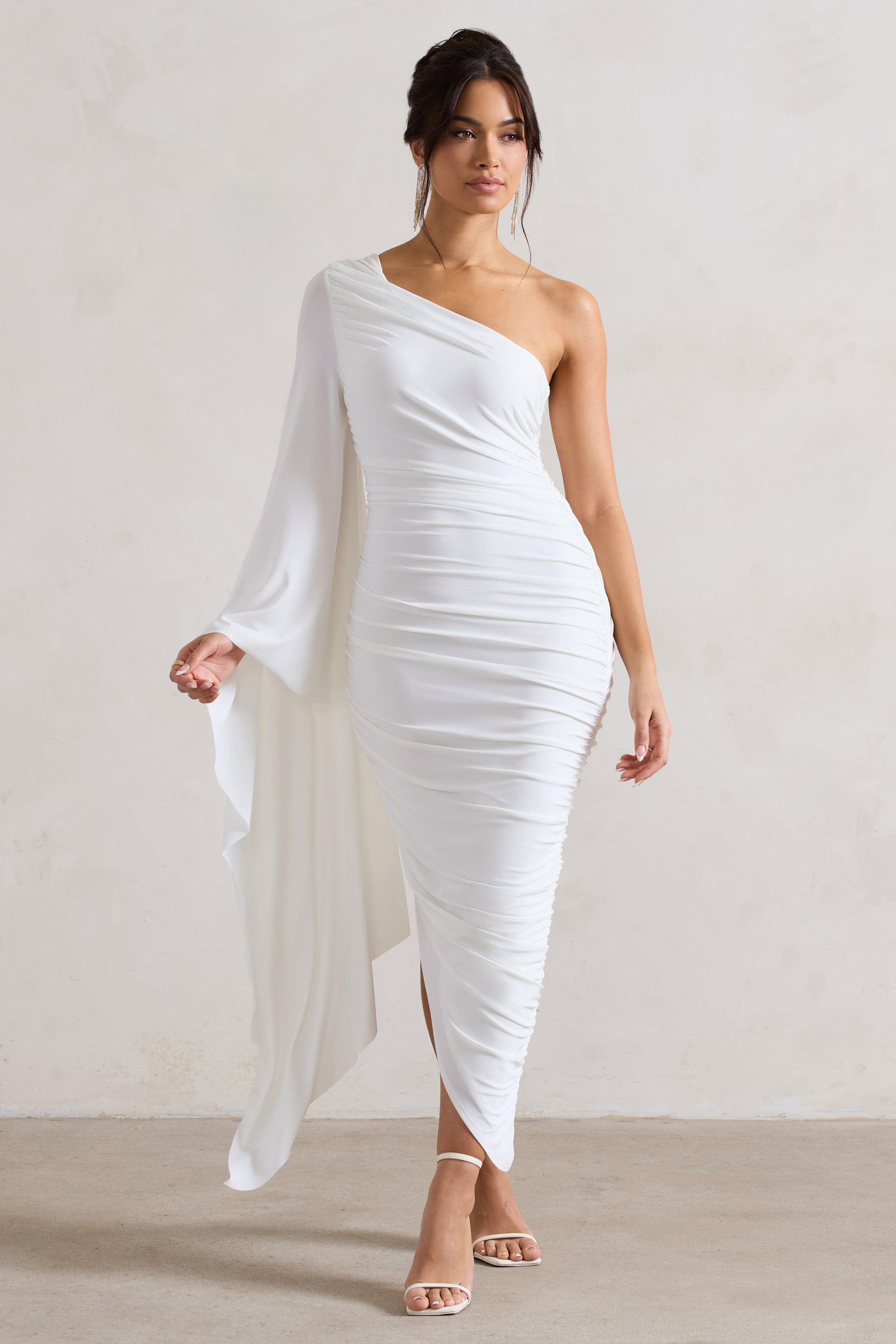 Halsey White Ruched Asymmetric Midi Dress With Cape Sleeve-Fashionmomo.All Rights Reserved