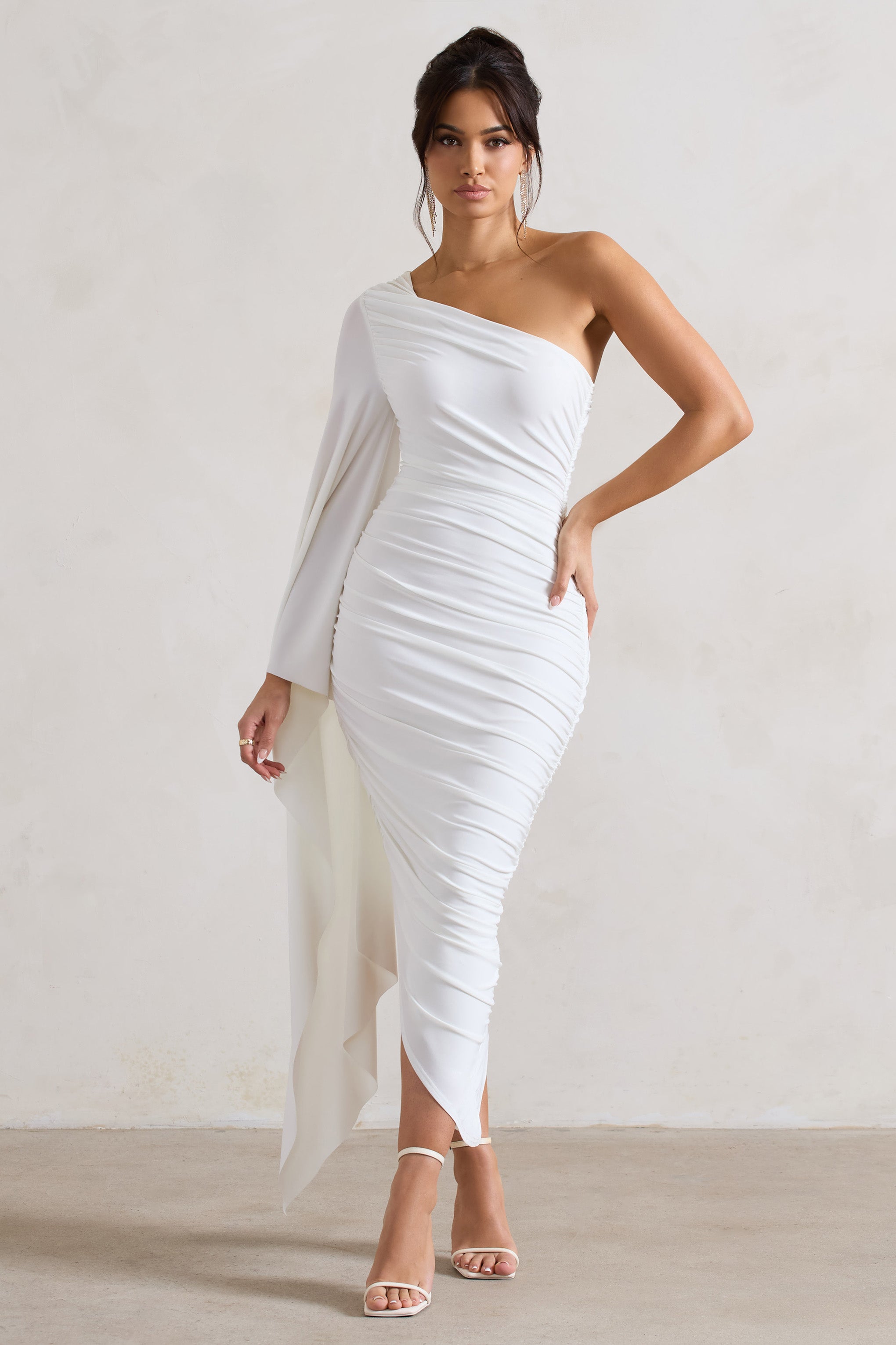 Halsey White Ruched Asymmetric Midi Dress With Cape Sleeve-Fashionmomo.All Rights Reserved