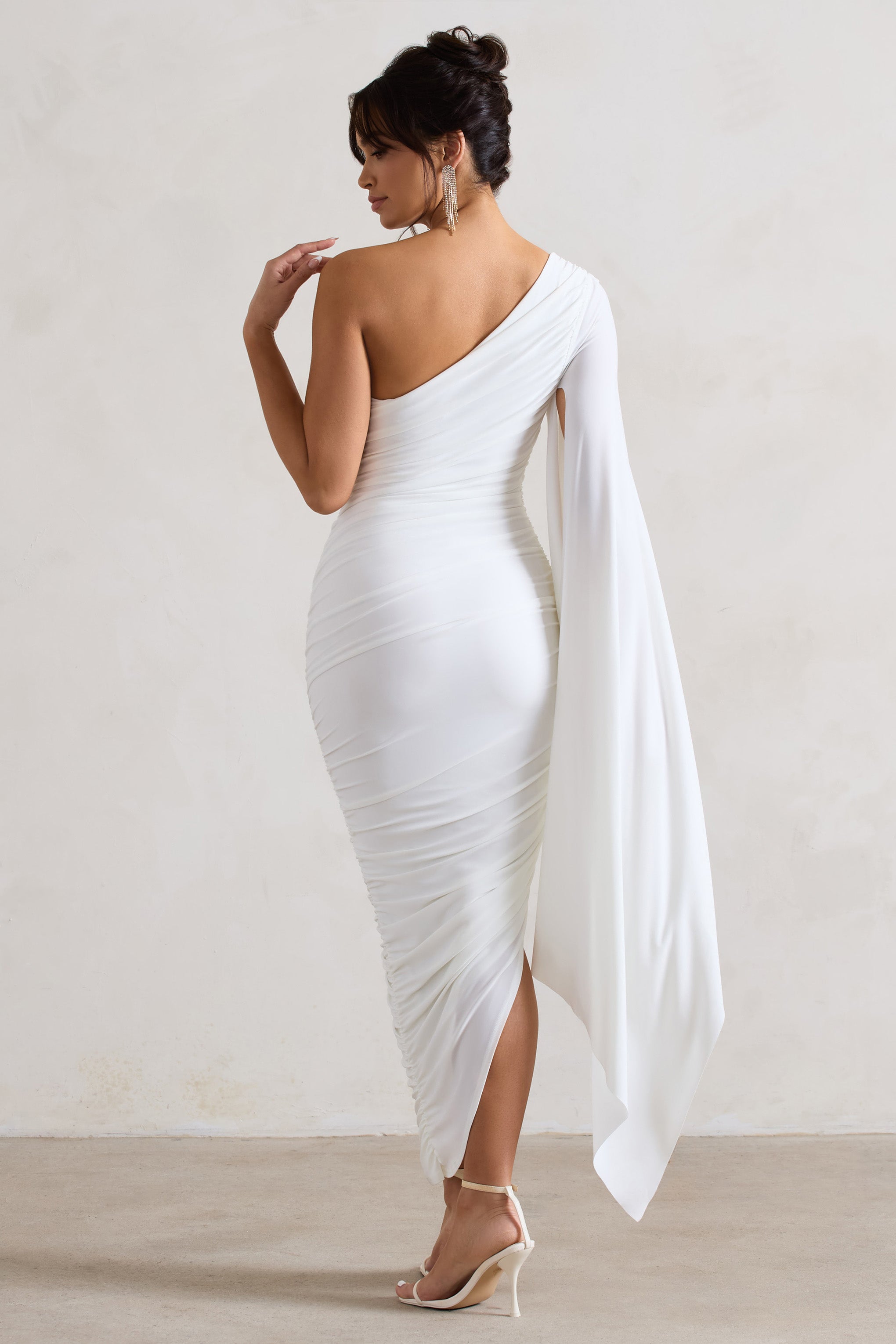 Halsey White Ruched Asymmetric Midi Dress With Cape Sleeve-Fashionmomo.All Rights Reserved