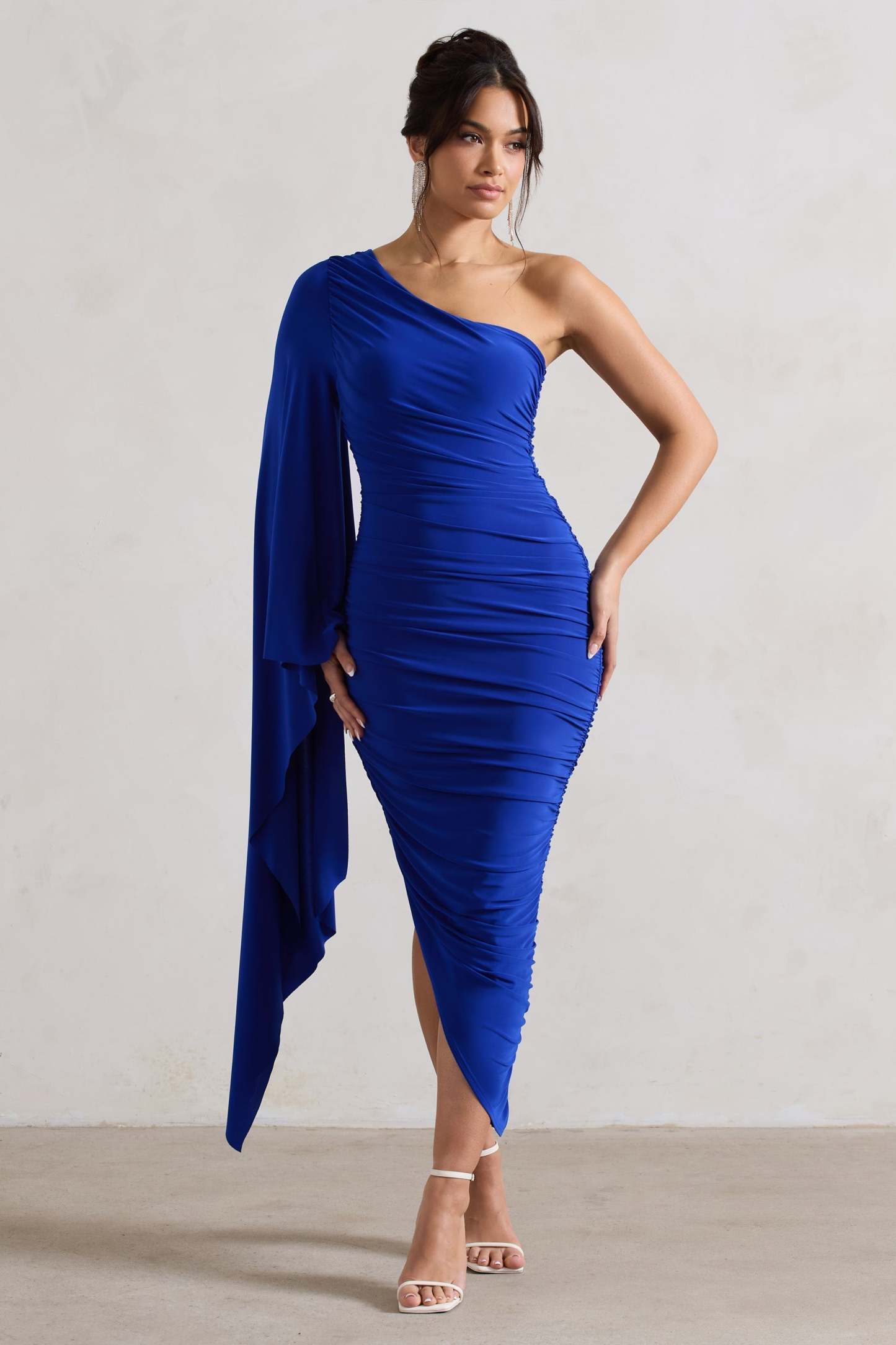 Halsey Royal Blue Ruched Asymmetric Midi Dress With Cape Sleeve-Fashionmomo.All Rights Reserved