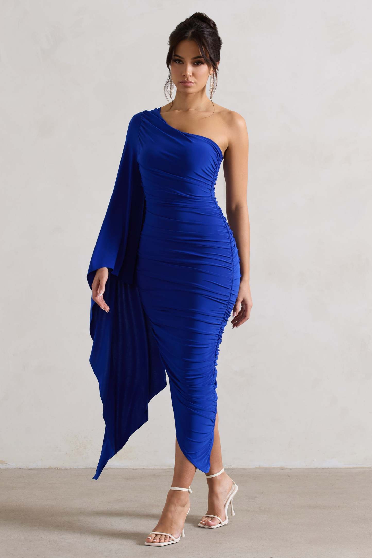 Halsey Royal Blue Ruched Asymmetric Midi Dress With Cape Sleeve-Fashionmomo.All Rights Reserved