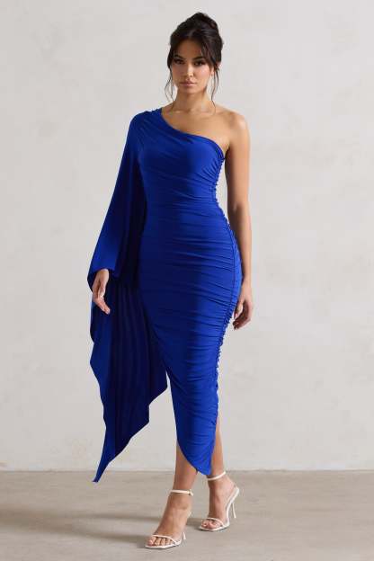 Halsey Royal Blue Ruched Asymmetric Midi Dress With Cape Sleeve-Fashionmomo.All Rights Reserved