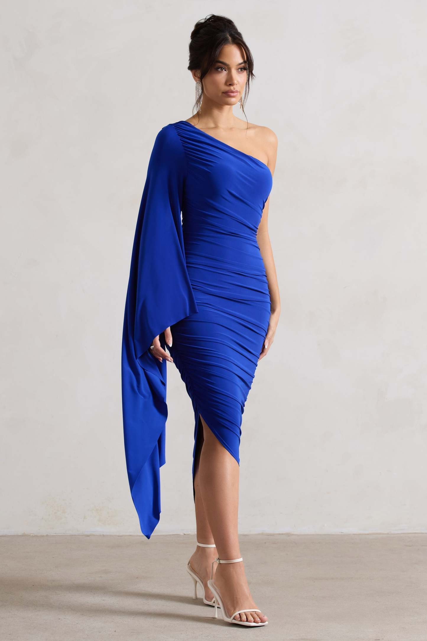 Halsey Royal Blue Ruched Asymmetric Midi Dress With Cape Sleeve-Fashionmomo.All Rights Reserved