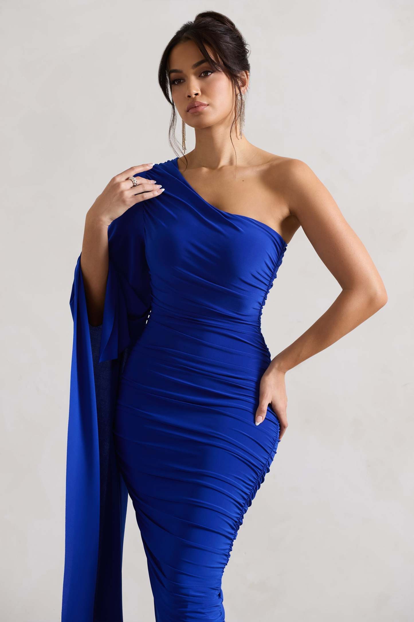 Halsey Royal Blue Ruched Asymmetric Midi Dress With Cape Sleeve-Fashionmomo.All Rights Reserved