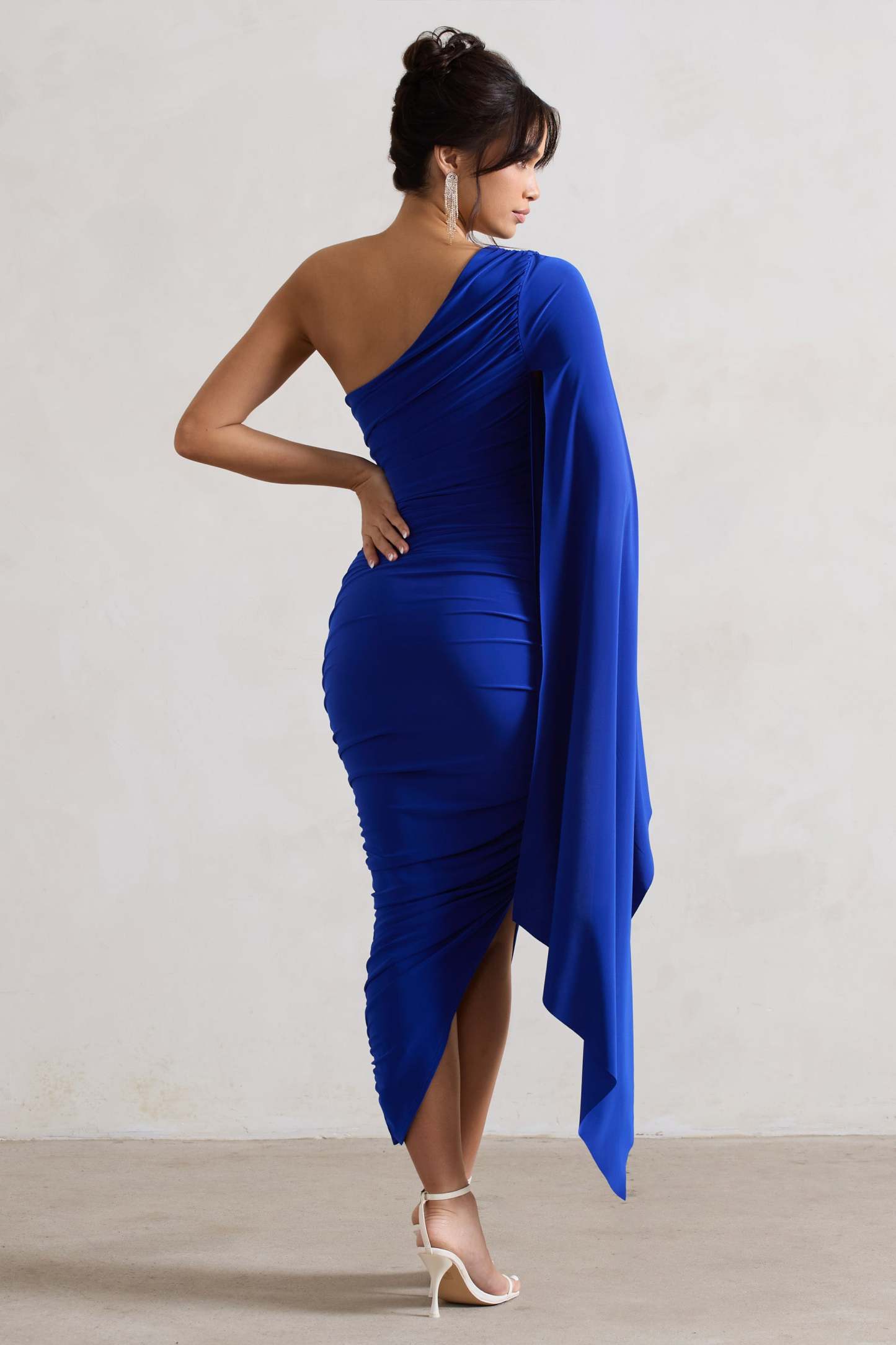 Halsey Royal Blue Ruched Asymmetric Midi Dress With Cape Sleeve-Fashionmomo.All Rights Reserved