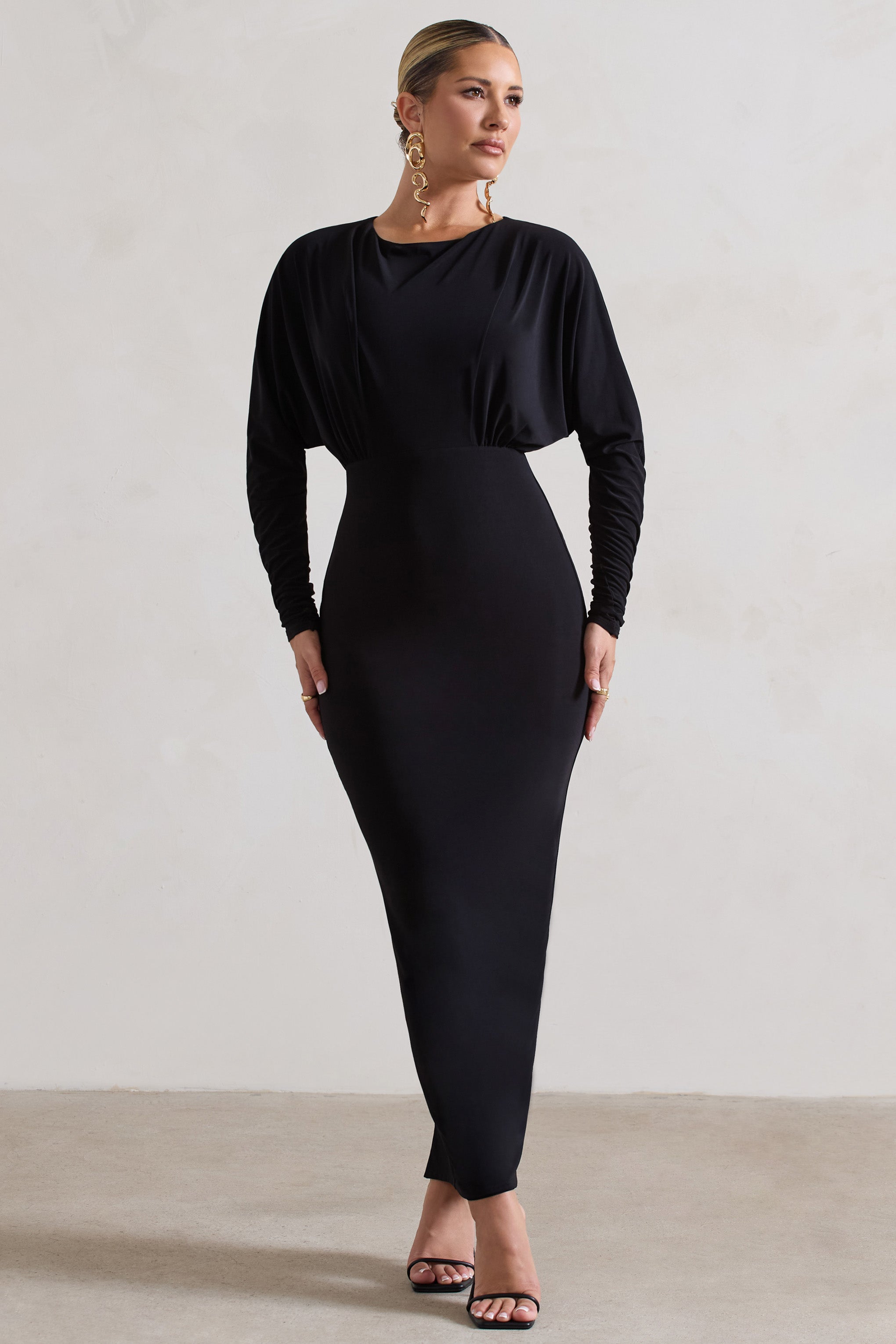 All It Takes Black Long-Sleeve Draped Maxi Dress-Fashionmomo.All Rights Reserved