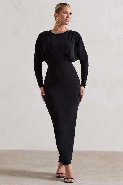 All It Takes Black Long-Sleeve Draped Maxi Dress-Fashionmomo.All Rights Reserved