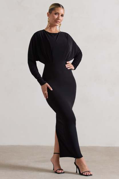 All It Takes Black Long-Sleeve Draped Maxi Dress-Fashionmomo.All Rights Reserved