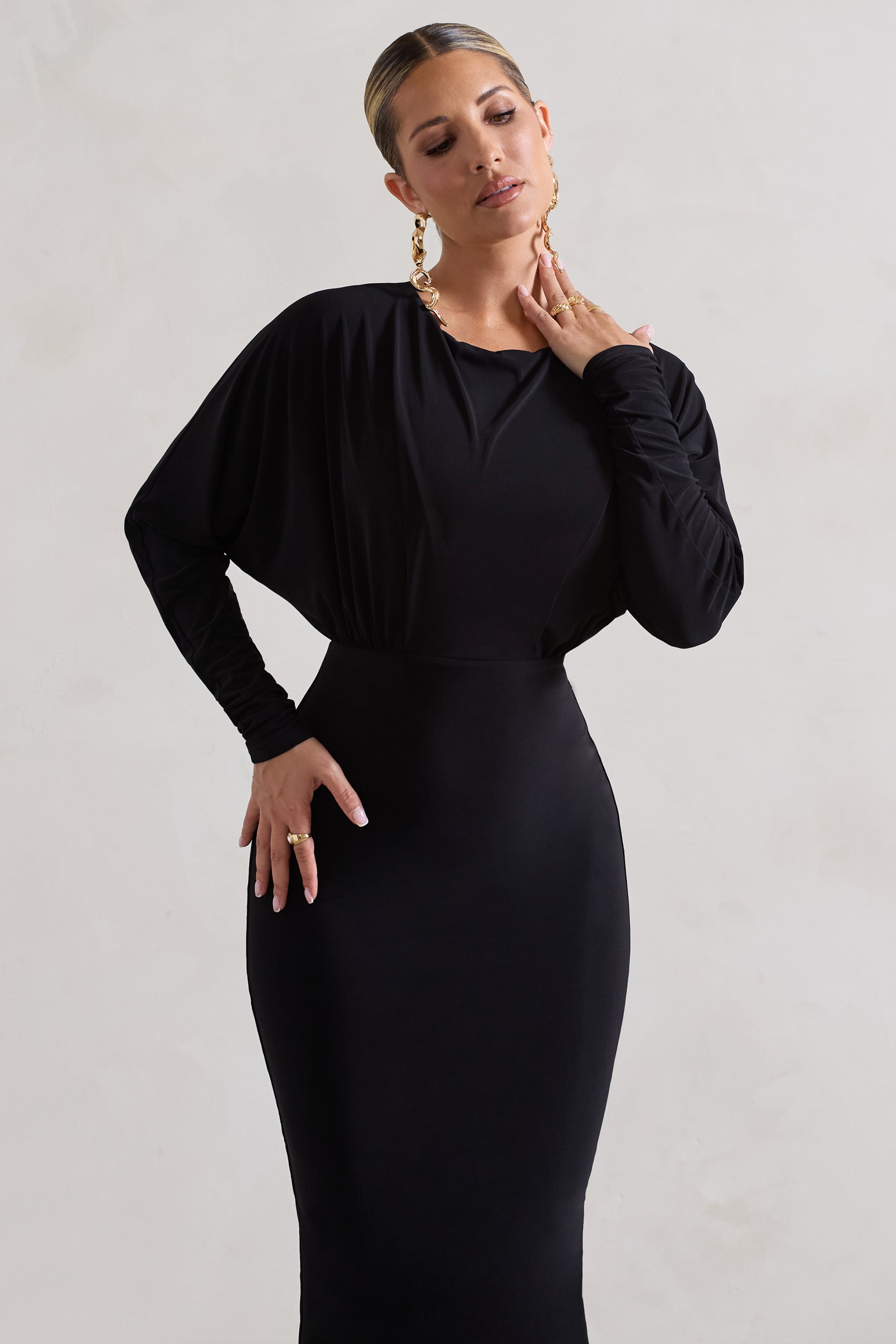 All It Takes Black Long-Sleeve Draped Maxi Dress-Fashionmomo.All Rights Reserved
