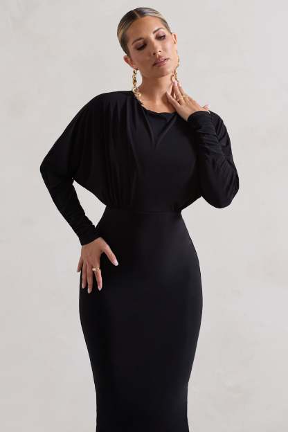 All It Takes Black Long-Sleeve Draped Maxi Dress-Fashionmomo.All Rights Reserved
