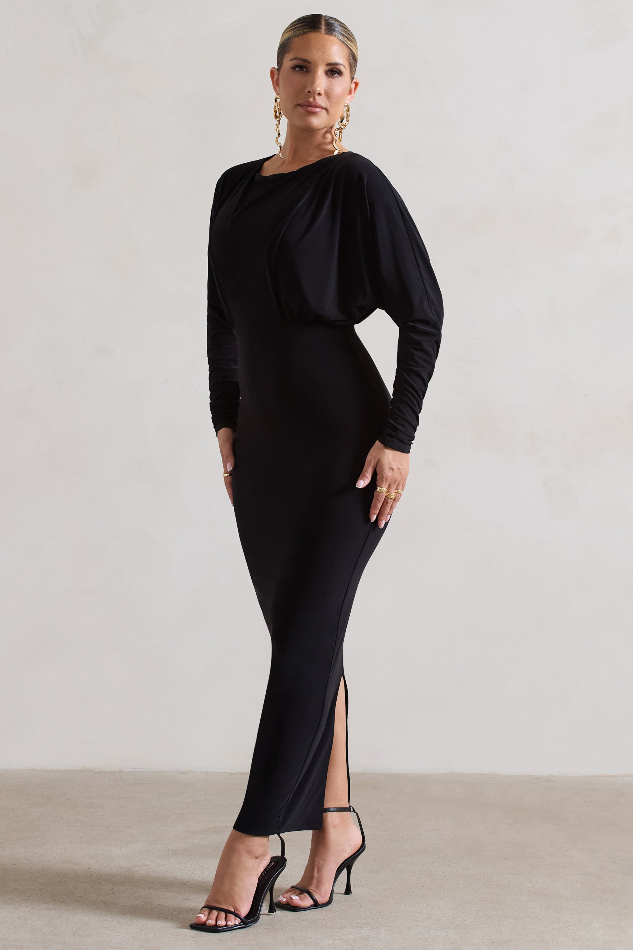 All It Takes Black Long-Sleeve Draped Maxi Dress-Fashionmomo.All Rights Reserved