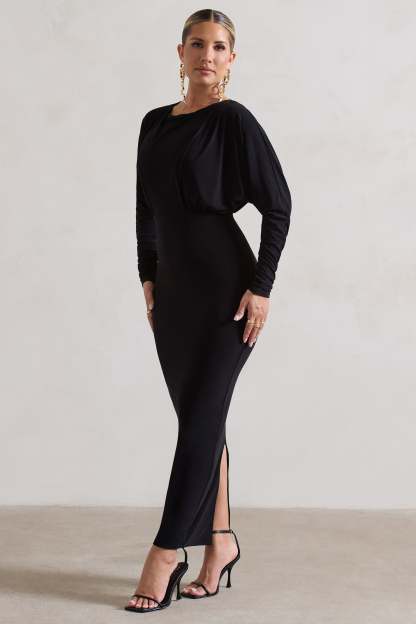 All It Takes Black Long-Sleeve Draped Maxi Dress-Fashionmomo.All Rights Reserved