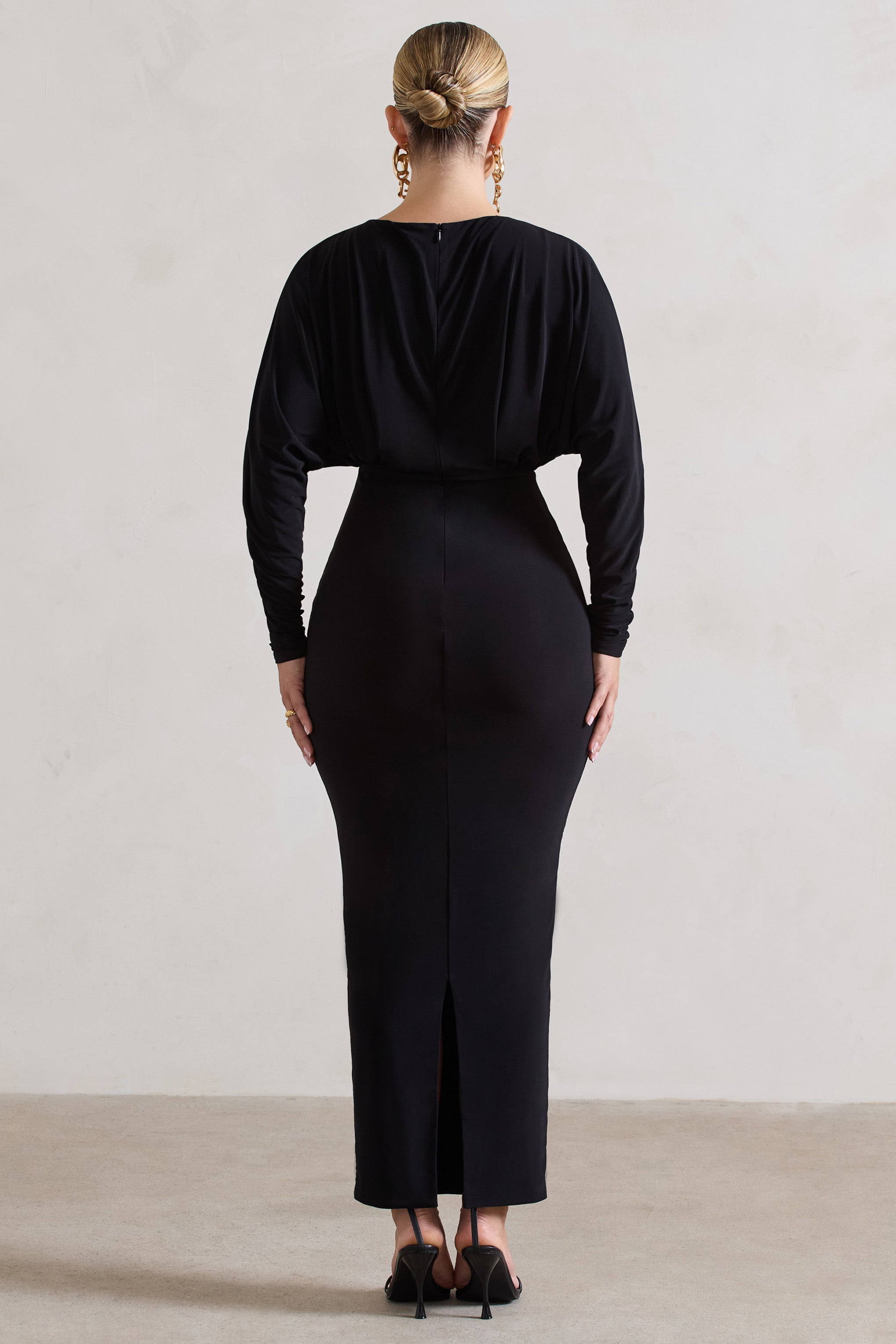All It Takes Black Long-Sleeve Draped Maxi Dress-Fashionmomo.All Rights Reserved