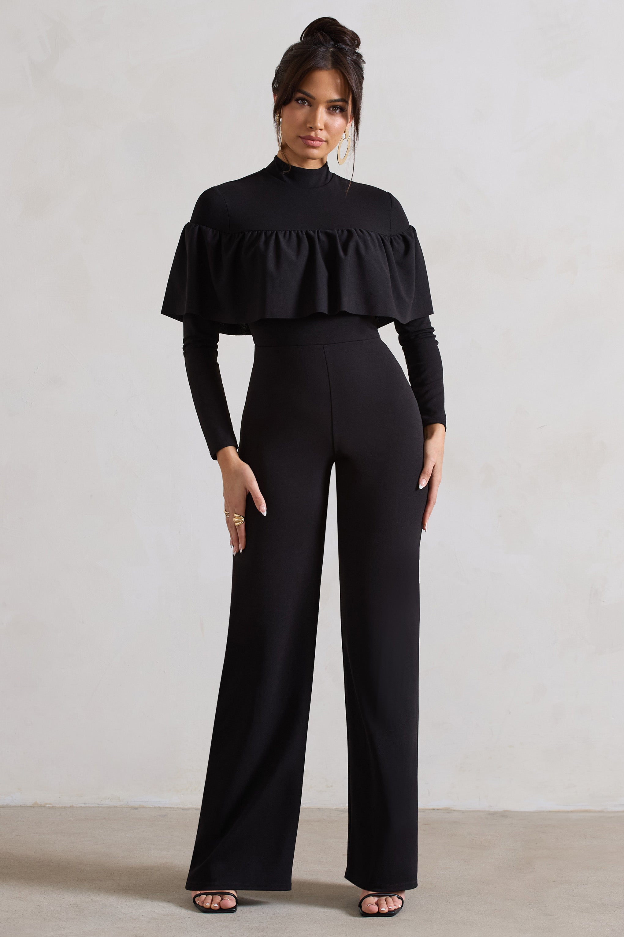 For The Frill Black High-Neck Straight-Leg Jumpsuit With Frills-Fashionmomo.All Rights Reserved