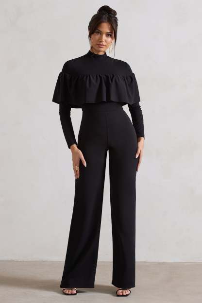 For The Frill Black High-Neck Straight-Leg Jumpsuit With Frills-Fashionmomo.All Rights Reserved