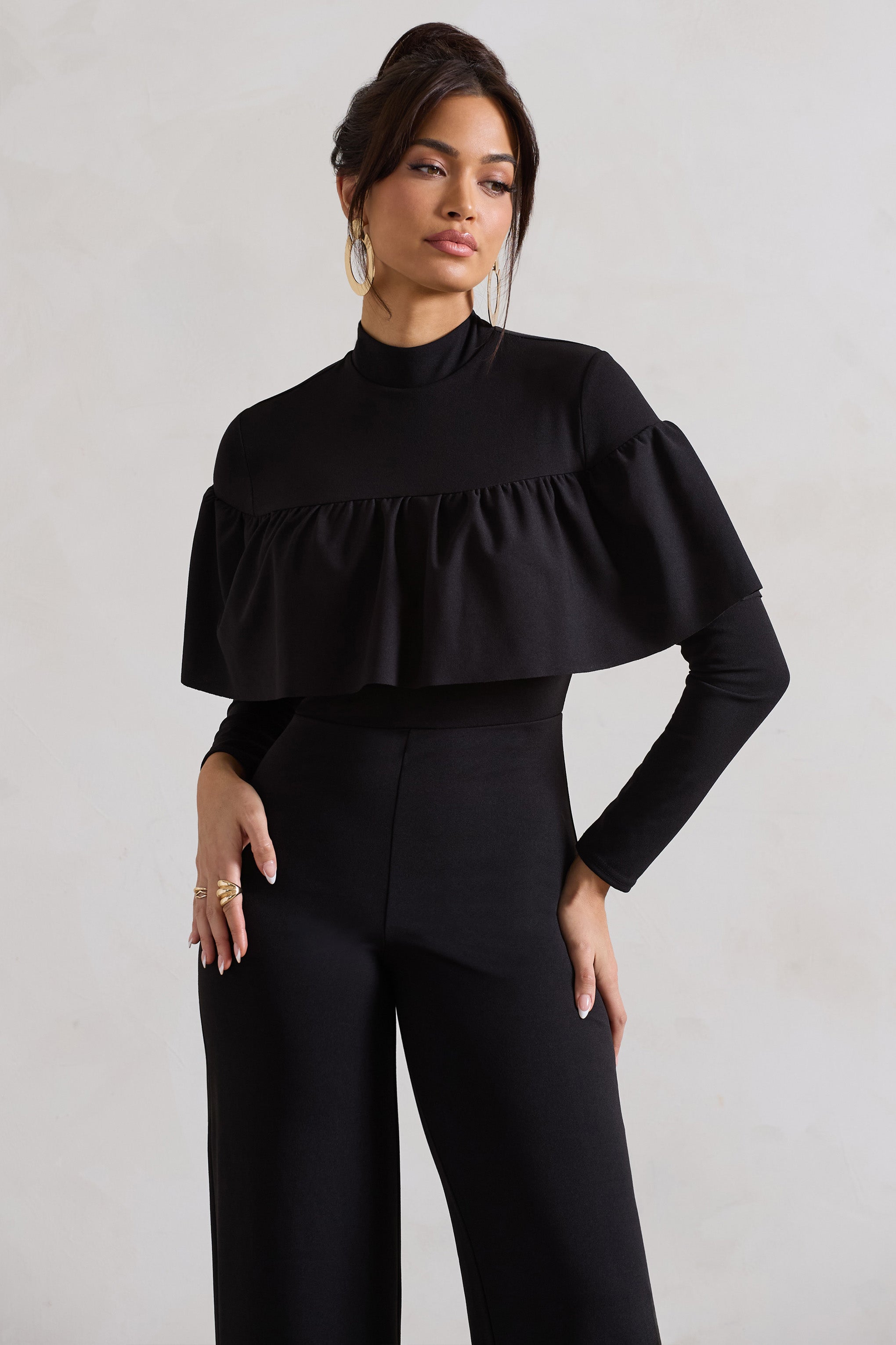 For The Frill Black High-Neck Straight-Leg Jumpsuit With Frills-Fashionmomo.All Rights Reserved