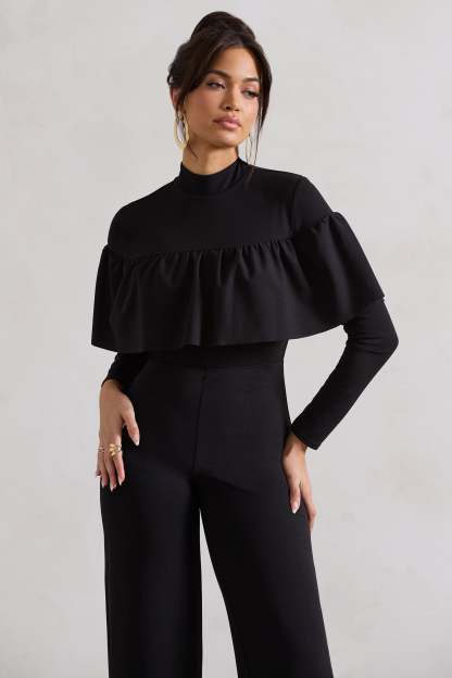For The Frill Black High-Neck Straight-Leg Jumpsuit With Frills-Fashionmomo.All Rights Reserved