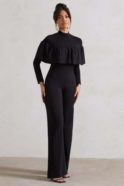For The Frill Black High-Neck Straight-Leg Jumpsuit With Frills-Fashionmomo.All Rights Reserved