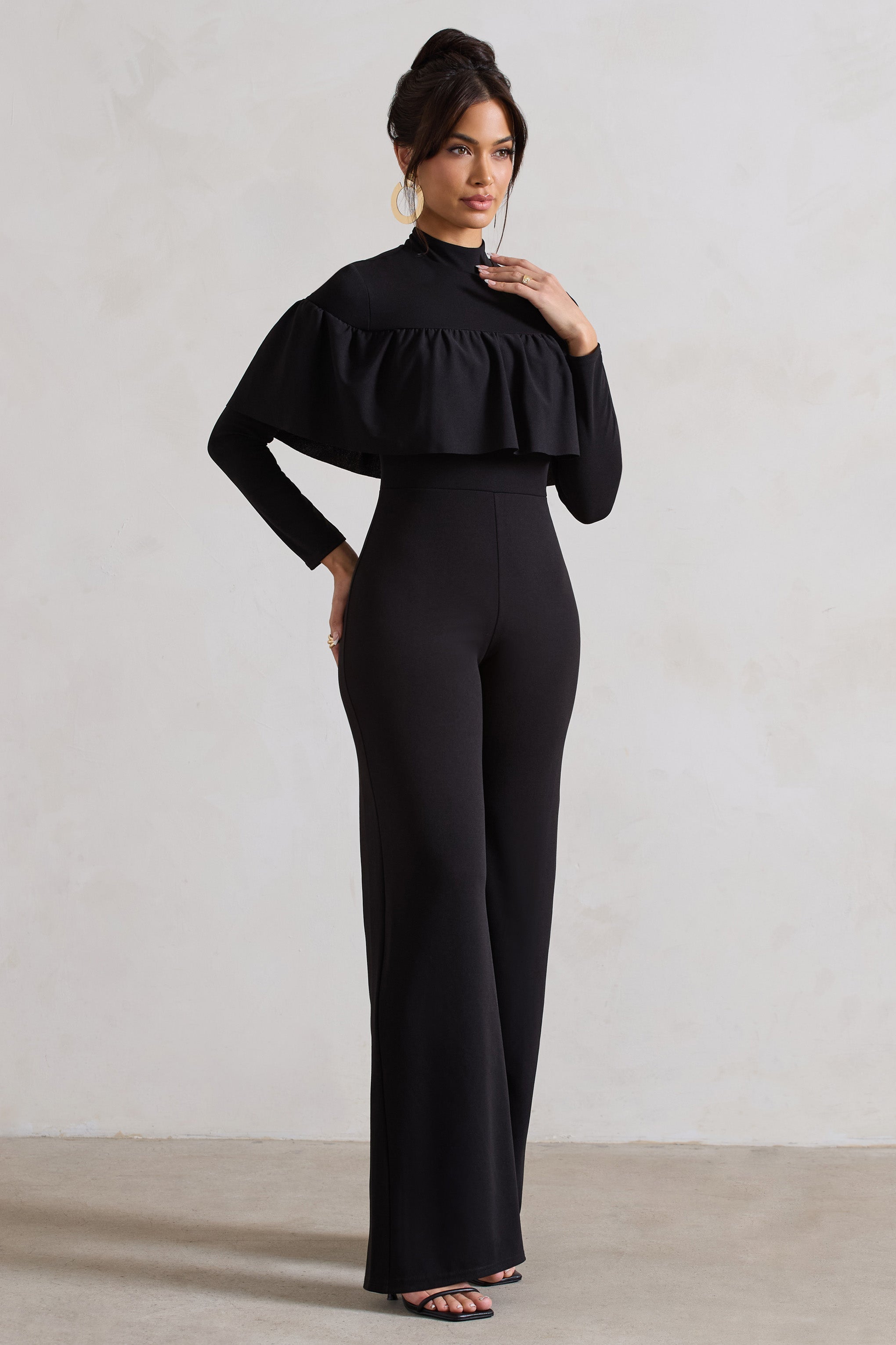 For The Frill Black High-Neck Straight-Leg Jumpsuit With Frills-Fashionmomo.All Rights Reserved