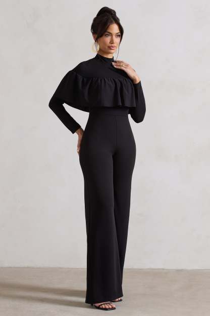 For The Frill Black High-Neck Straight-Leg Jumpsuit With Frills-Fashionmomo.All Rights Reserved