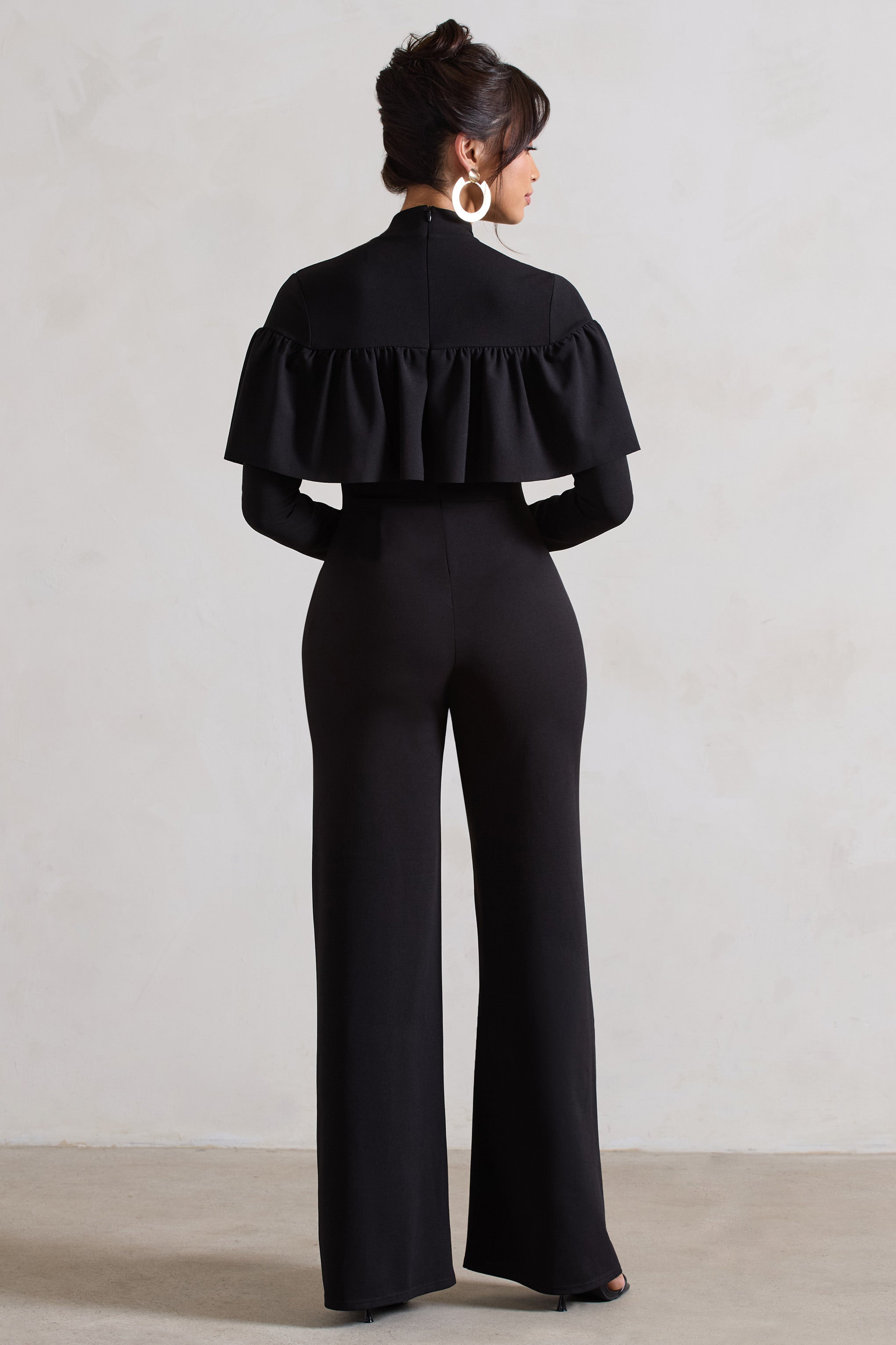For The Frill Black High-Neck Straight-Leg Jumpsuit With Frills-Fashionmomo.All Rights Reserved