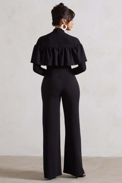 For The Frill Black High-Neck Straight-Leg Jumpsuit With Frills-Fashionmomo.All Rights Reserved