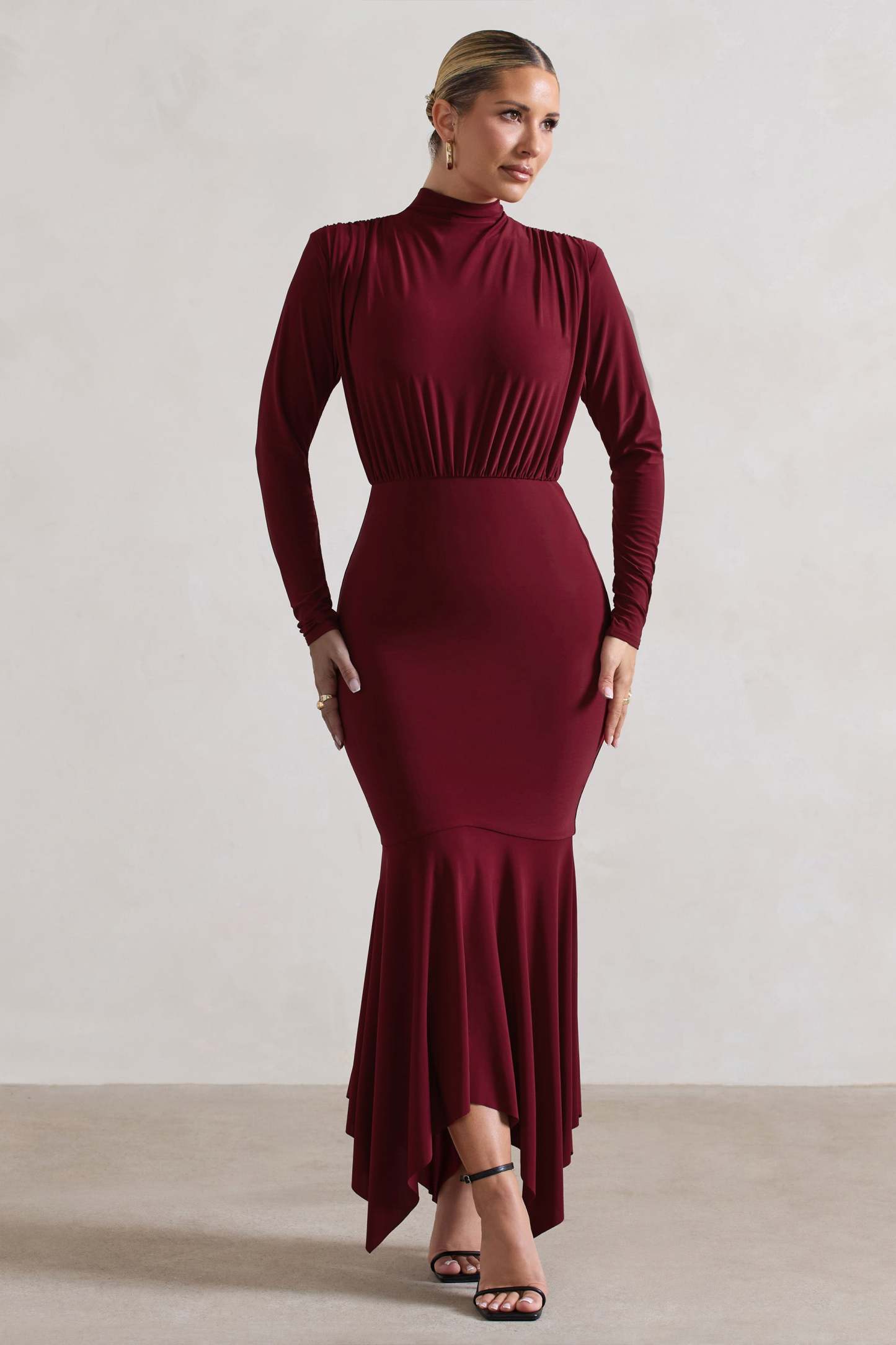 Carla Berry High-Neck Midi Dress With Draped Hem-Fashionmomo.All Rights Reserved
