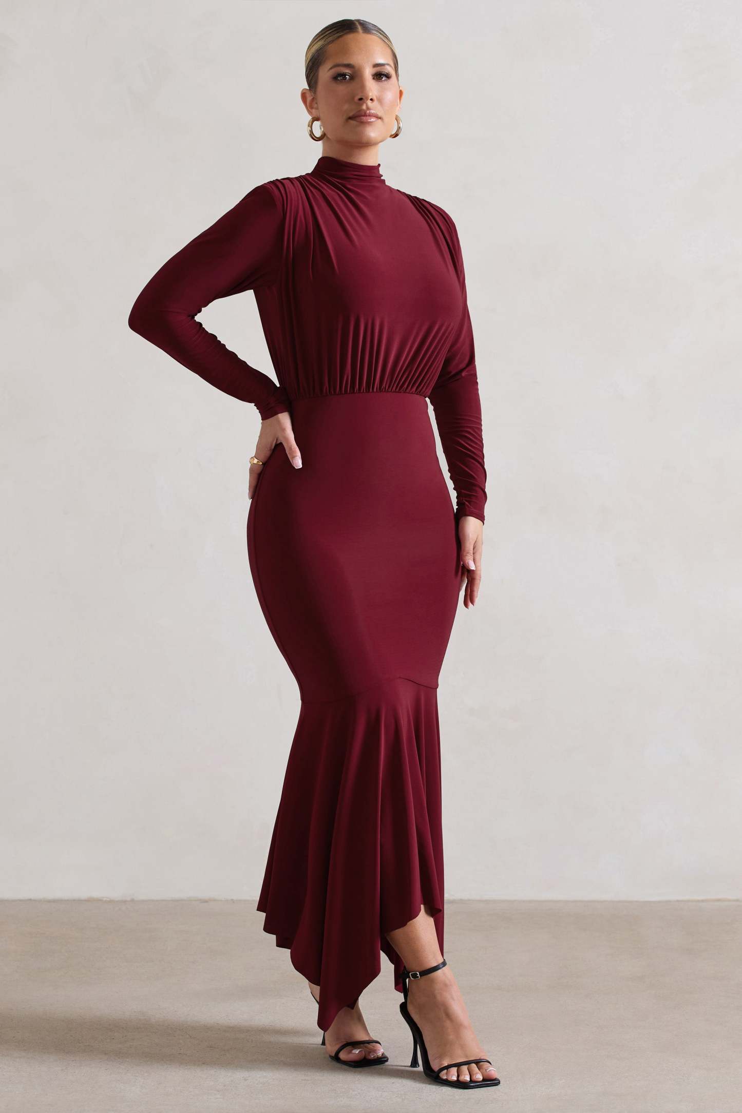 Carla Berry High-Neck Midi Dress With Draped Hem-Fashionmomo.All Rights Reserved