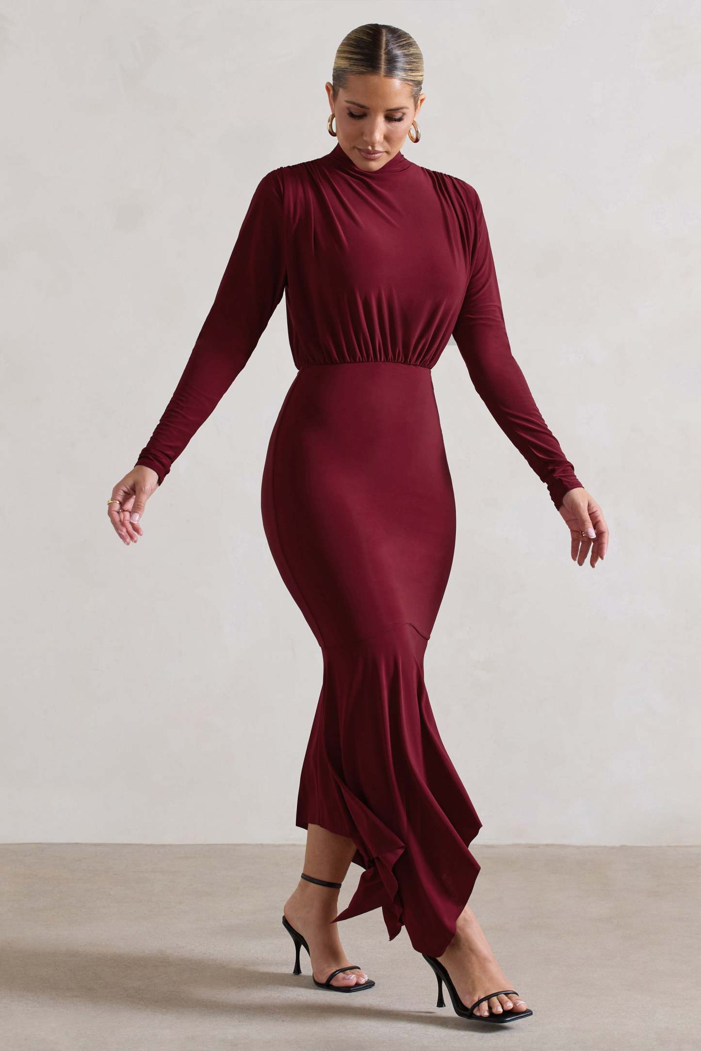 Carla Berry High-Neck Midi Dress With Draped Hem-Fashionmomo.All Rights Reserved