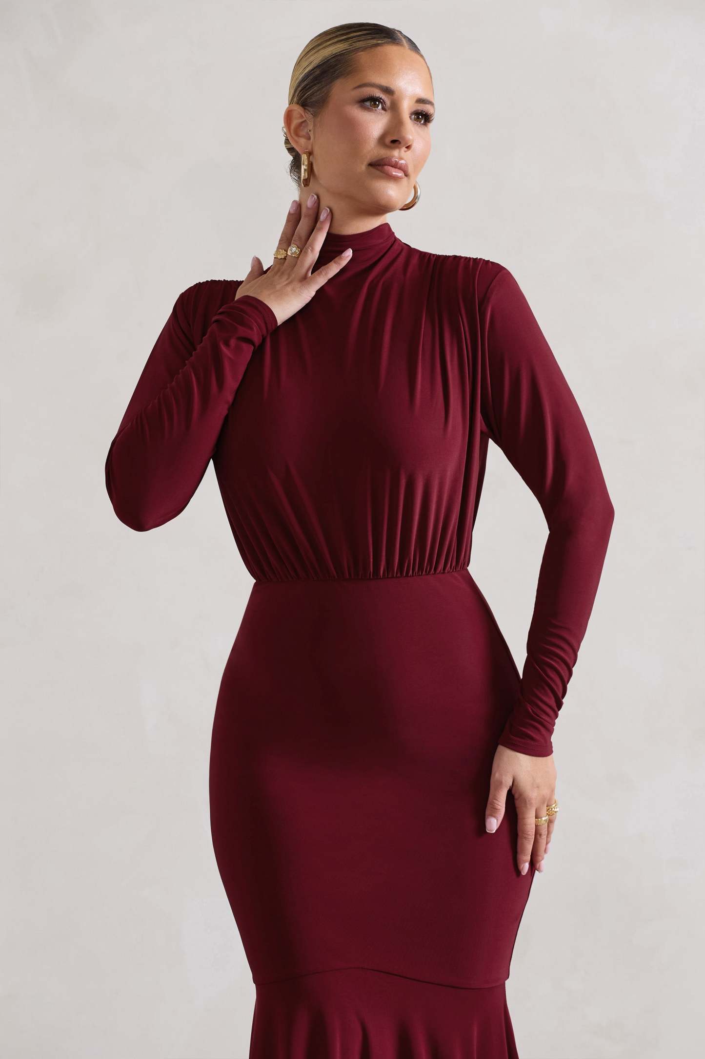 Carla Berry High-Neck Midi Dress With Draped Hem-Fashionmomo.All Rights Reserved