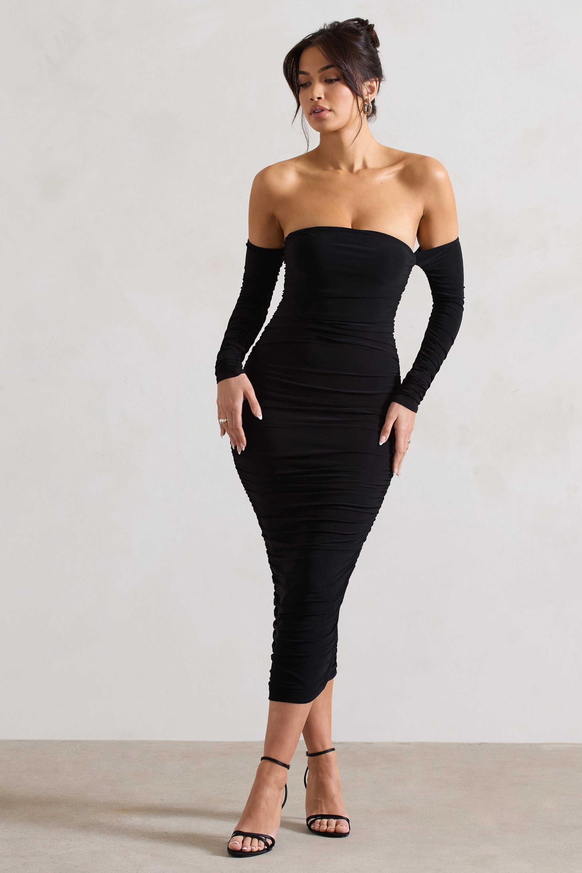Anissa Black Ruched Bardot Midi Dress-Fashionmomo.All Rights Reserved