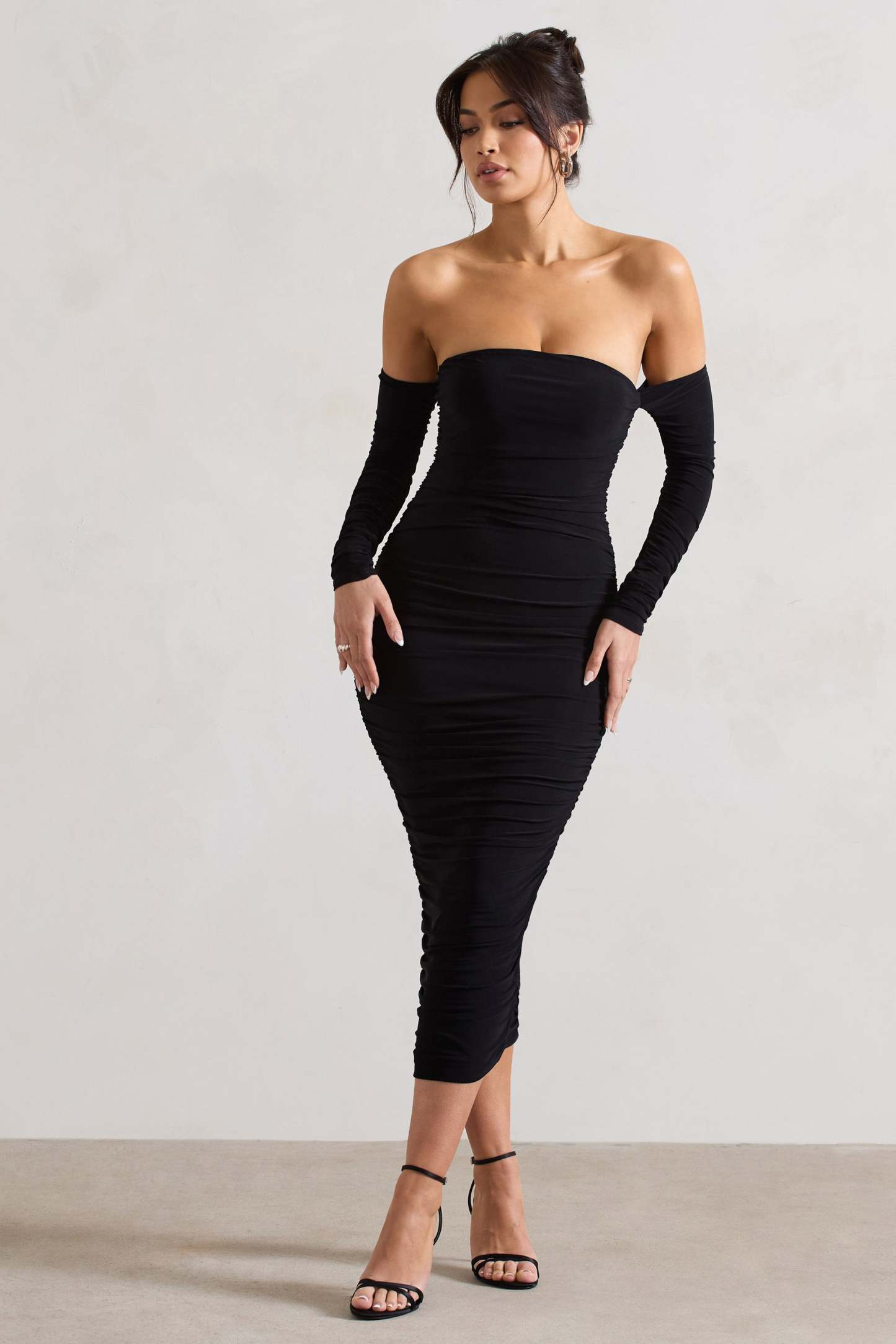 Anissa Black Ruched Bardot Midi Dress-Fashionmomo.All Rights Reserved