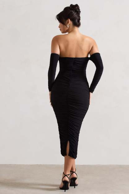 Anissa Black Ruched Bardot Midi Dress-Fashionmomo.All Rights Reserved