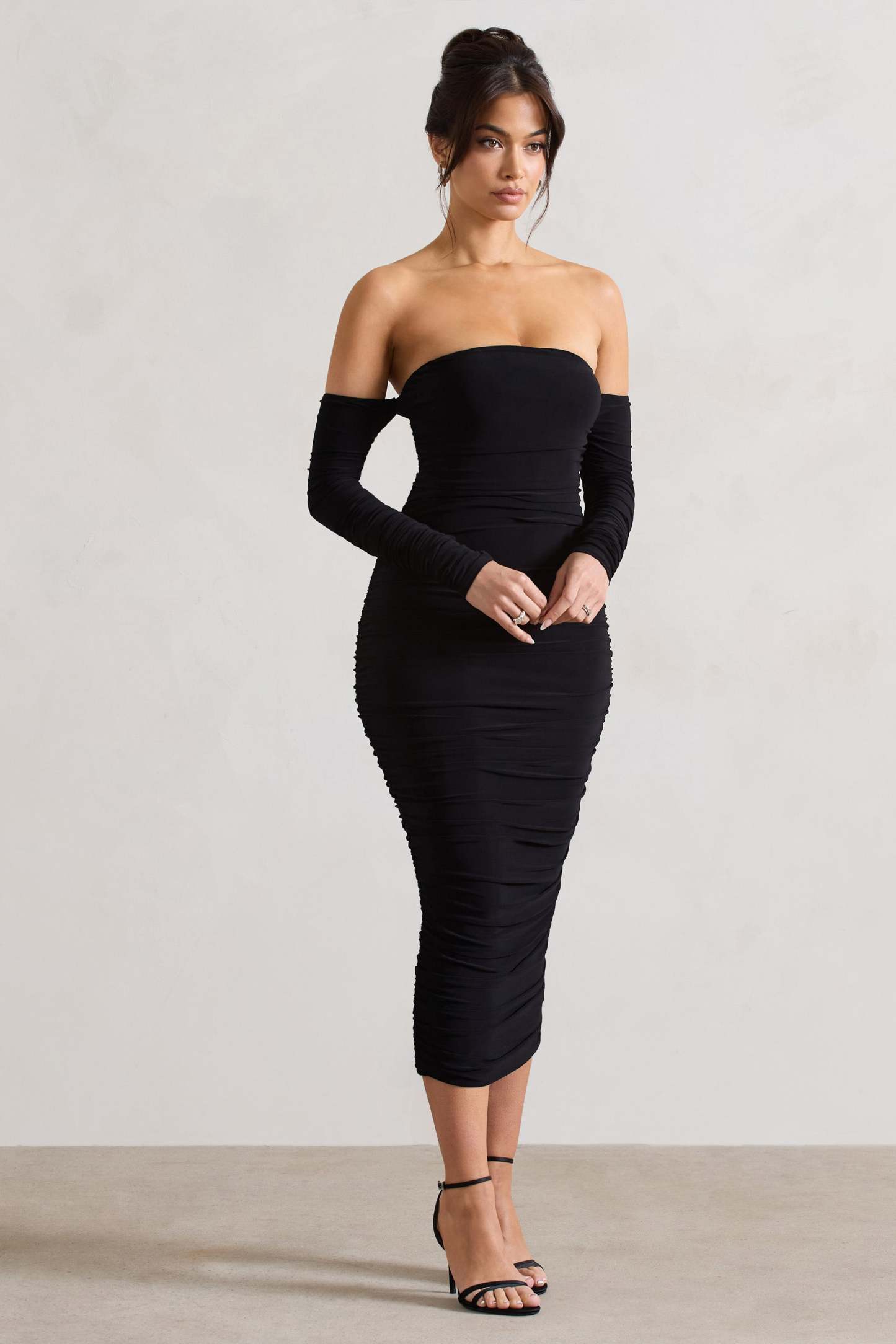 Anissa Black Ruched Bardot Midi Dress-Fashionmomo.All Rights Reserved