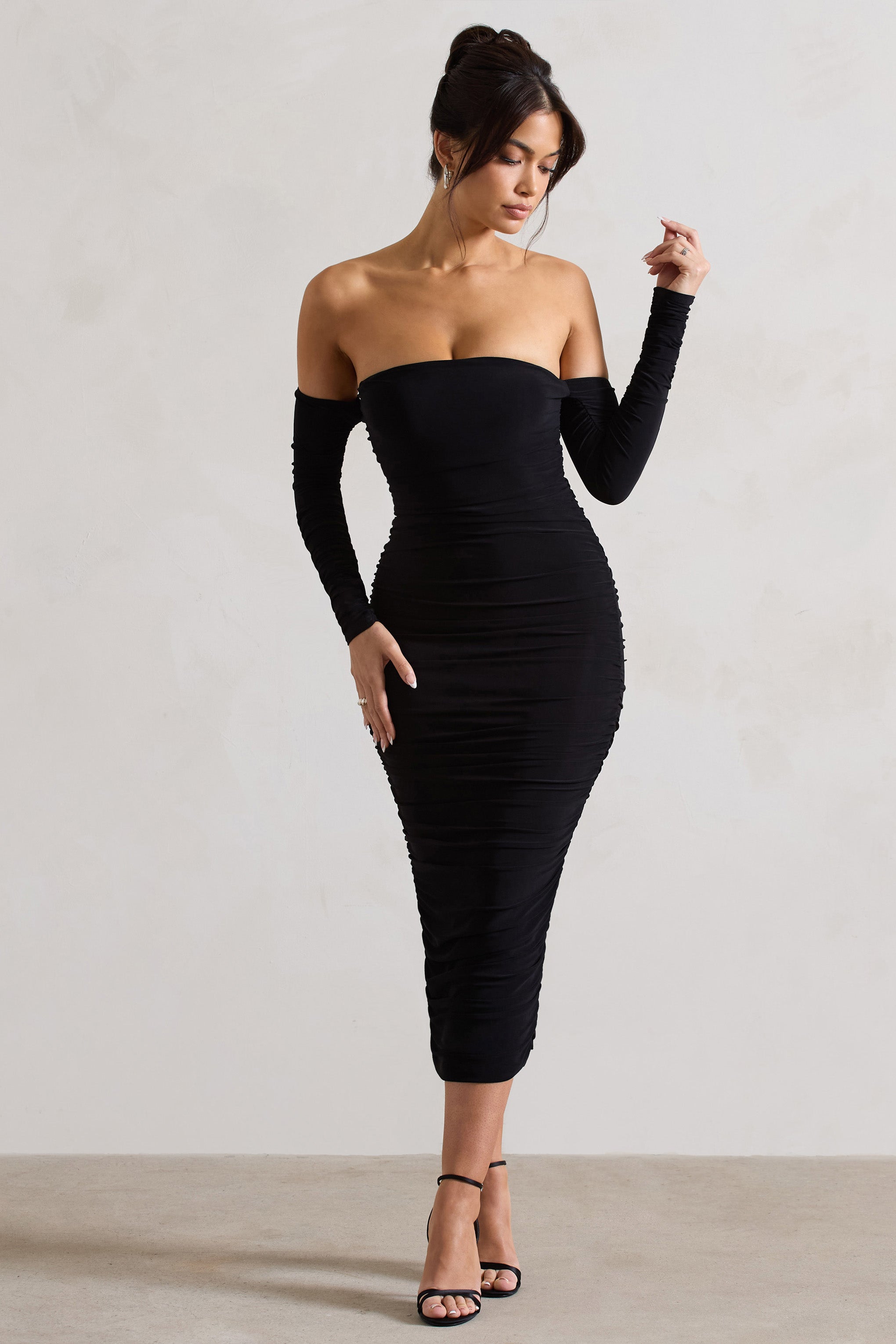 Anissa Black Ruched Bardot Midi Dress-Fashionmomo.All Rights Reserved