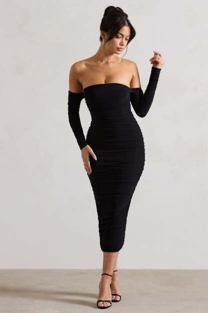 Anissa Black Ruched Bardot Midi Dress-Fashionmomo.All Rights Reserved