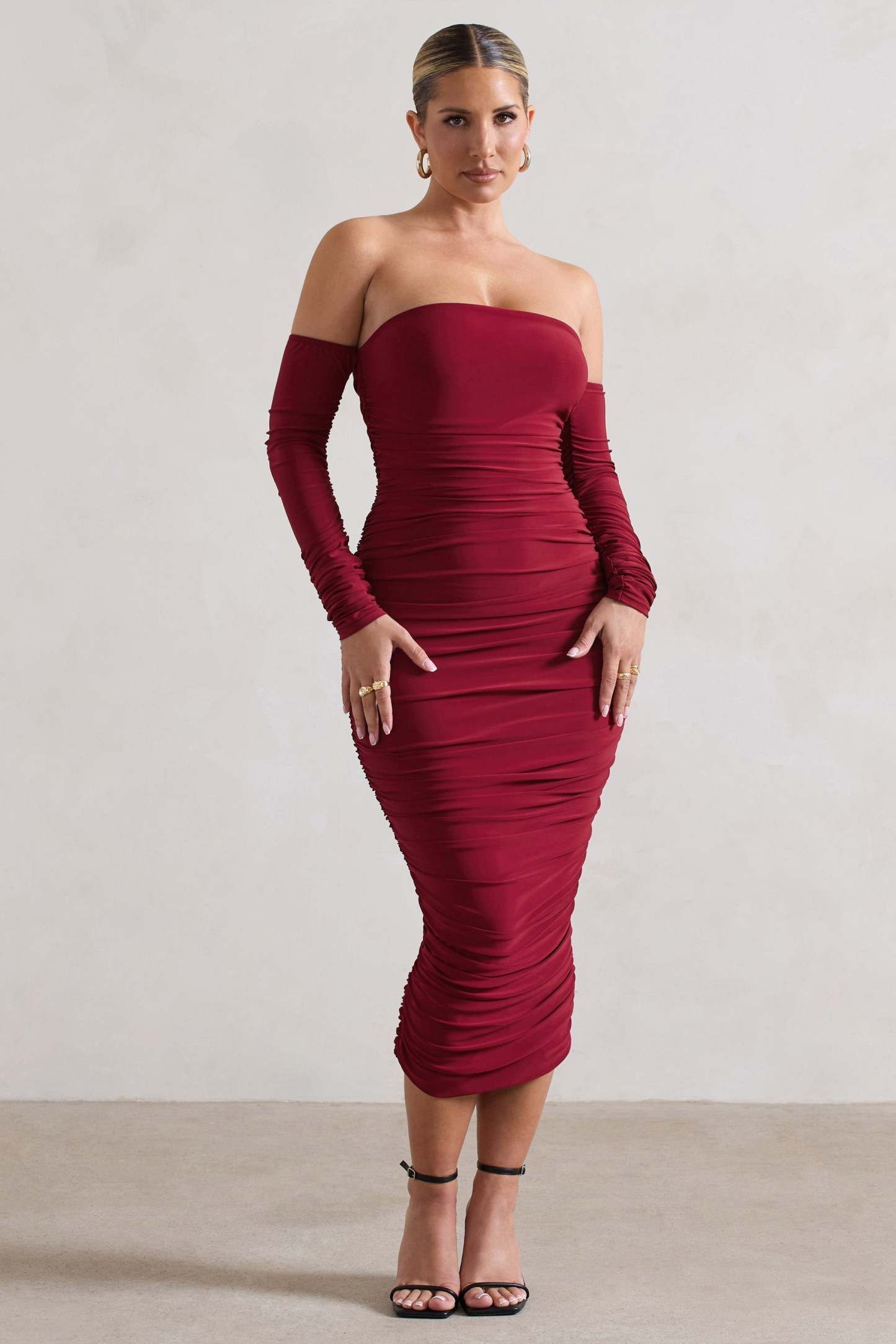 Anissa Berry Ruched Bardot Midi Dress-Fashionmomo.All Rights Reserved