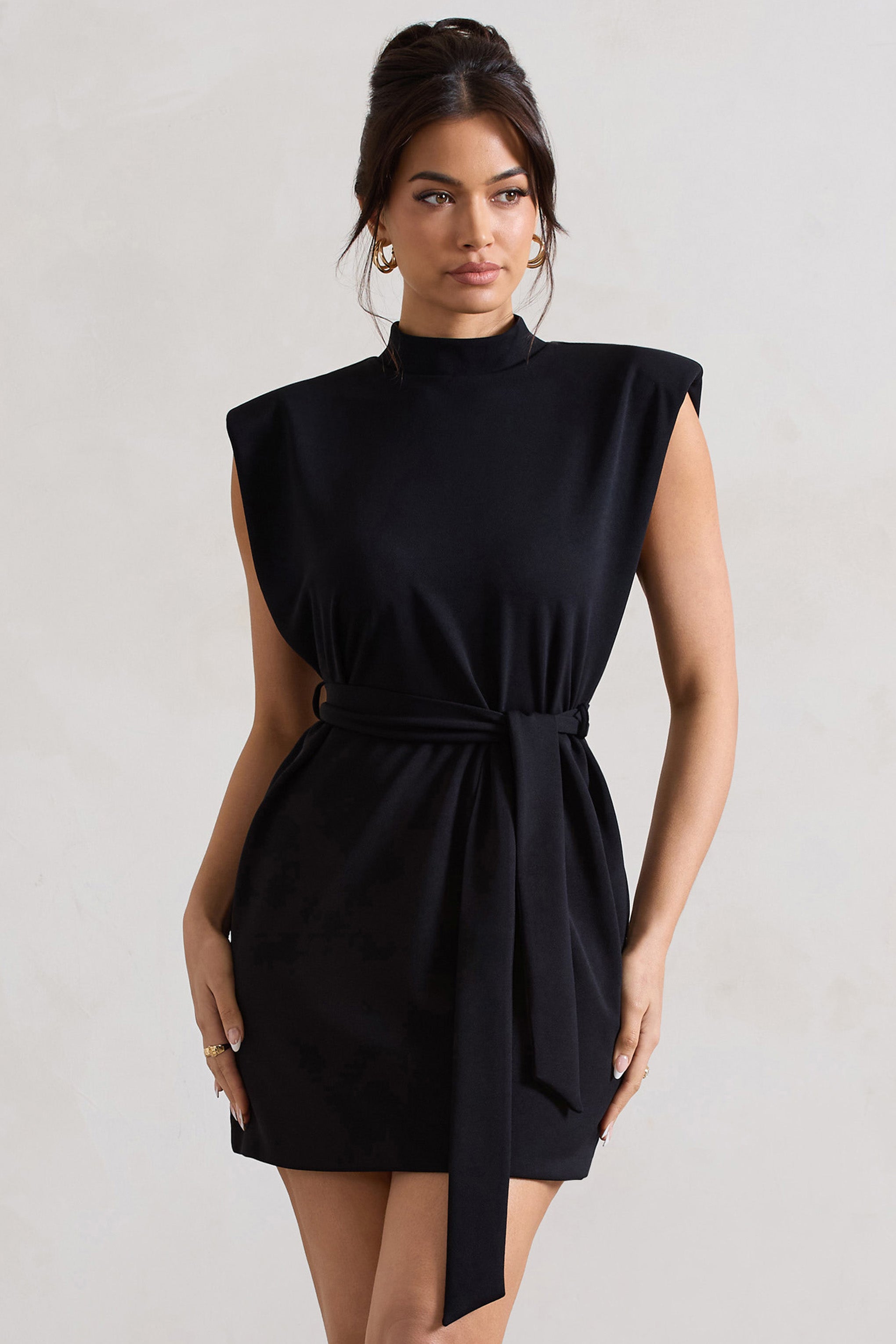 Asher Black High-Neck Mini Dress With Tie Waist-Fashionmomo.All Rights Reserved