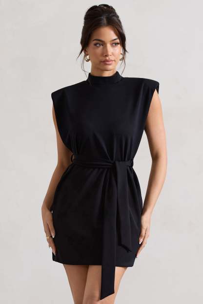 Asher Black High-Neck Mini Dress With Tie Waist-Fashionmomo.All Rights Reserved
