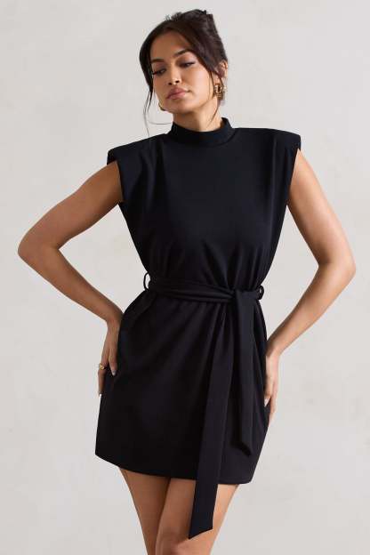 Asher Black High-Neck Mini Dress With Tie Waist-Fashionmomo.All Rights Reserved
