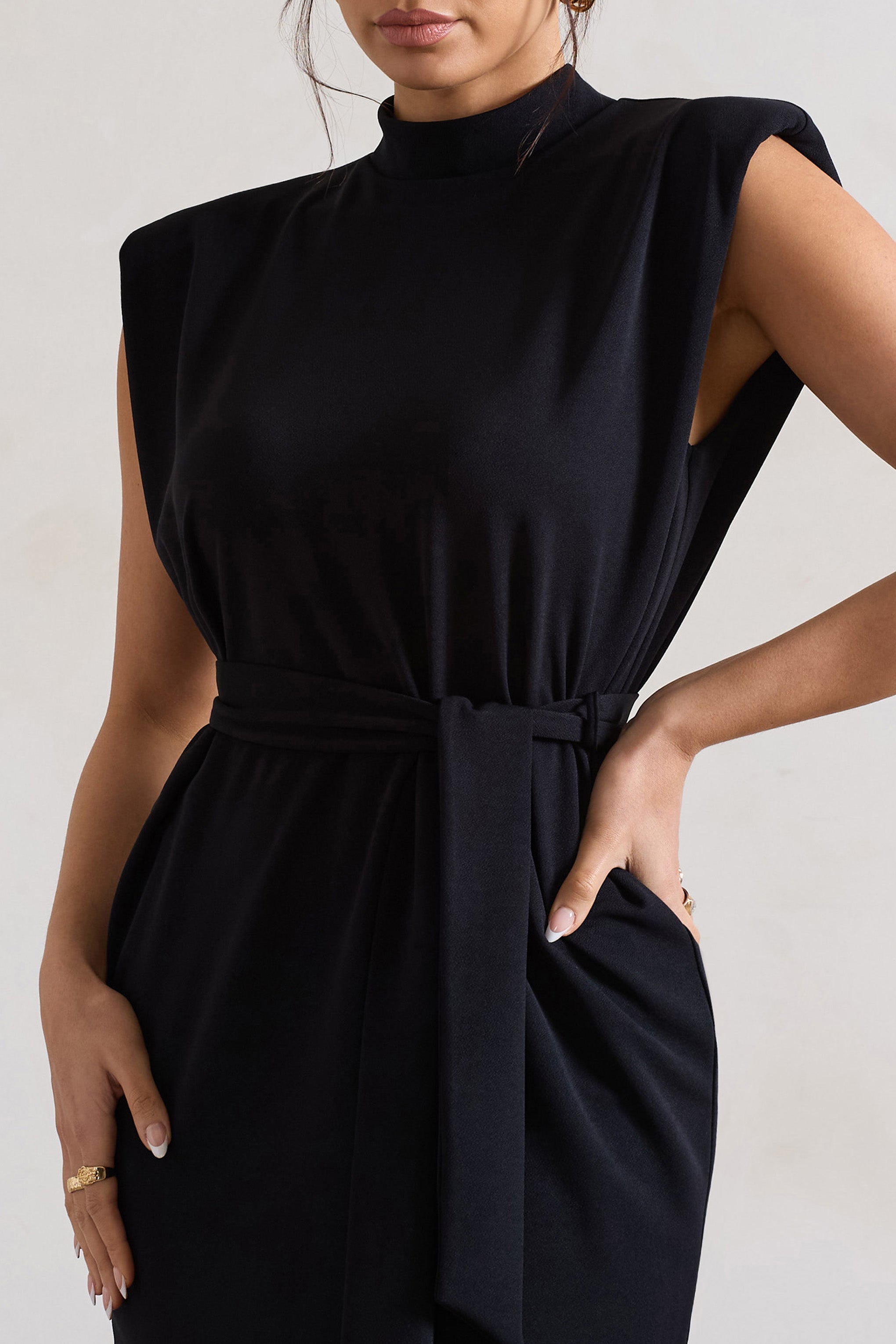 Asher Black High-Neck Mini Dress With Tie Waist-Fashionmomo.All Rights Reserved
