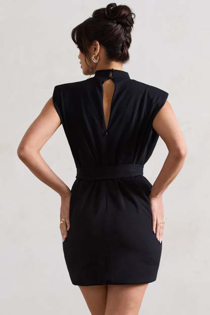 Asher Black High-Neck Mini Dress With Tie Waist-Fashionmomo.All Rights Reserved