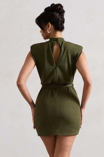 Asher Olive High-Neck Mini Dress With Tie Waist-Fashionmomo.All Rights Reserved