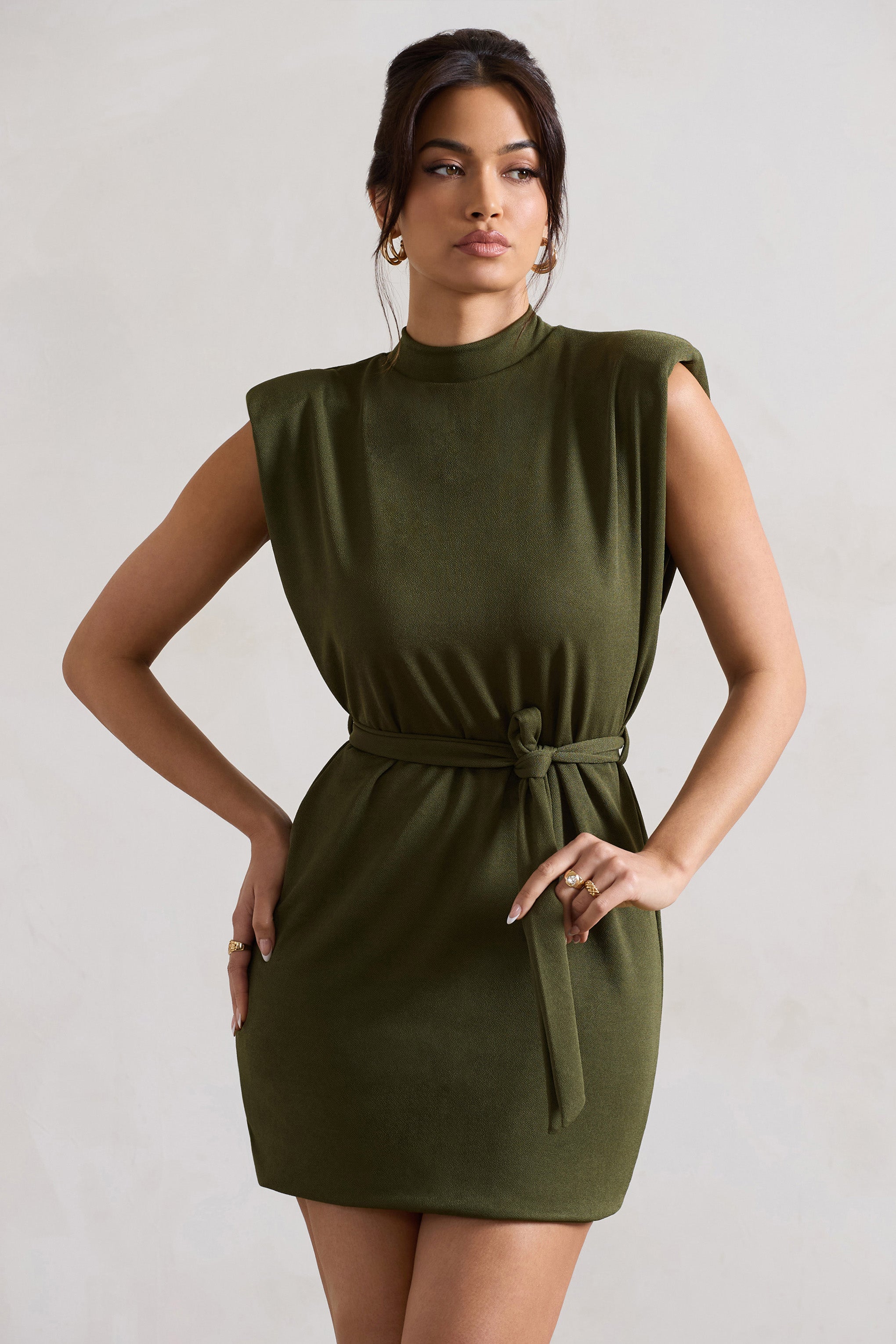 Asher Olive High-Neck Mini Dress With Tie Waist-Fashionmomo.All Rights Reserved