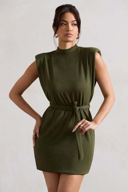 Asher Olive High-Neck Mini Dress With Tie Waist-Fashionmomo.All Rights Reserved
