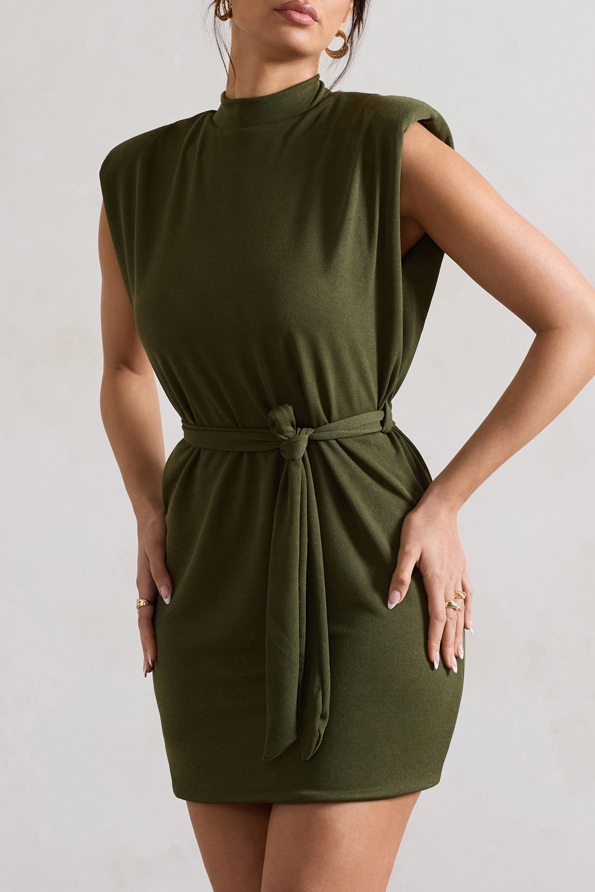 Asher Olive High-Neck Mini Dress With Tie Waist-Fashionmomo.All Rights Reserved