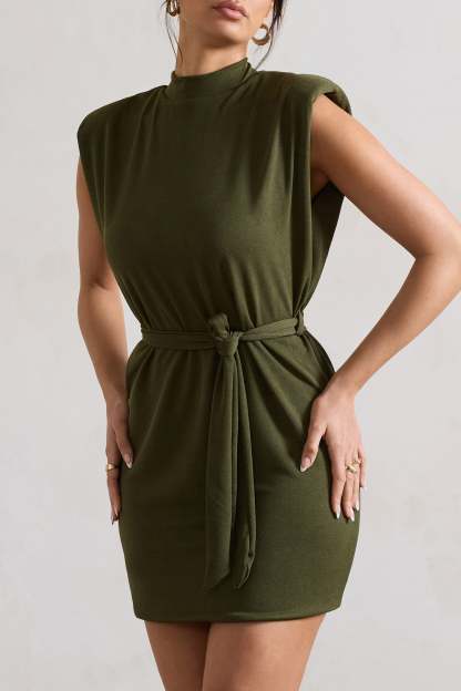 Asher Olive High-Neck Mini Dress With Tie Waist-Fashionmomo.All Rights Reserved